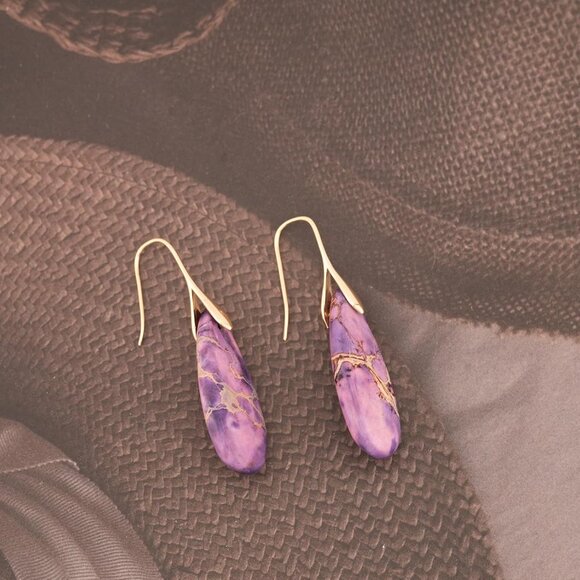 Light Purple-Golden Hook Stone Fishhoop Dangle Drop Statement Earring for Women - Picture 4 of 6